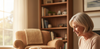 A photorealistic, heartwarming scene captures an elderly Golden Retriever with gentle gray fur around its muzzle, sitting on a soft rug in a cozy, sunlit living room