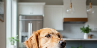 A photorealistic, heartwarming close-up shot of a healthy and happy adult Golden Retriever