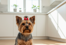 A pristine, photorealistic shot of a healthy, beautifully groomed Yorkshire Terrier sitting attentively next to its food bowl in a bright, modern kitchen