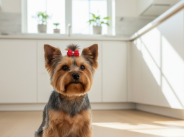 A pristine, photorealistic shot of a healthy, beautifully groomed Yorkshire Terrier sitting attentively next to its food bowl in a bright, modern kitchen