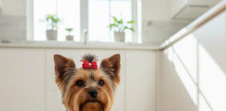 A pristine, photorealistic shot of a healthy, beautifully groomed Yorkshire Terrier sitting attentively next to its food bowl in a bright, modern kitchen