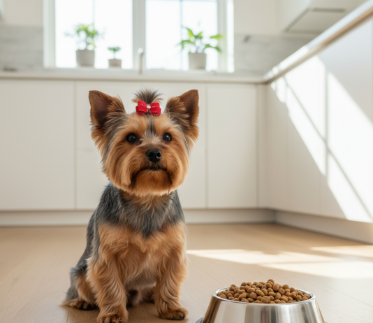 A pristine, photorealistic shot of a healthy, beautifully groomed Yorkshire Terrier sitting attentively next to its food bowl in a bright, modern kitchen